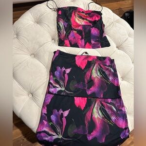 White Fox Boutique Black and Pink Floral Midi Skirt